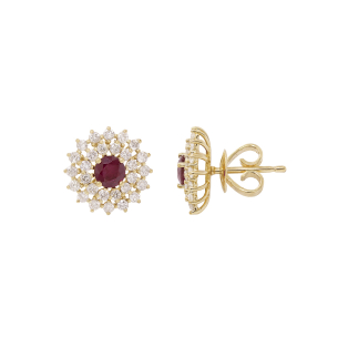 Brinco Halo Em Ouro Amarelo Com 2 Rubis Redondo