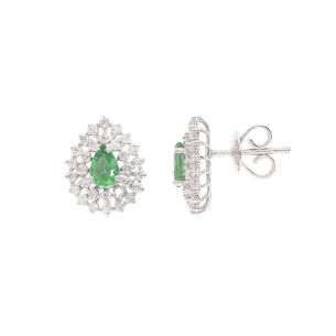 Brinco Halo Em Ouro Branco  Com 2 Esmeraldas  Gota 