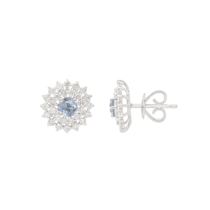 Brinco Halo Em Ouro Branco Com 2 Águas-marinhas Redondo