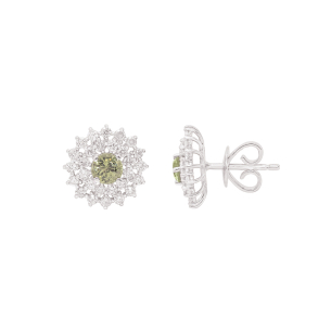 Brinco Halo Em Ouro Branco Com 2 Safiras Verdes Redondo