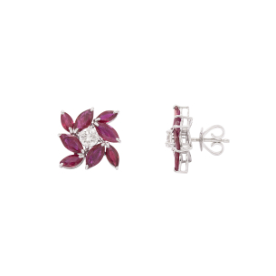 Brinco Floresce Em Ouro Branco  Com 16 Rubis  Navete 