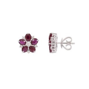 Brinco Floresce Em Ouro Branco  Com 10 Rubis  Oval 