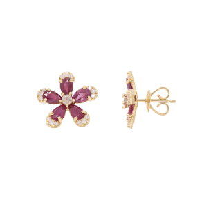 Brinco Floresce Em Ouro Amarelo Com 10 Rubis Gota