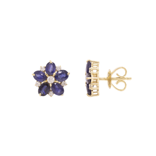 Brinco Floresce Em Ouro Amarelo Com 10 Safiras Azuis Oval