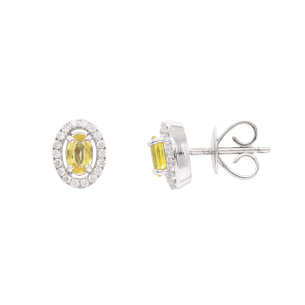 Brinco Fianda Em Ouro Branco  Com 2 Safiras Amarelas  Oval 