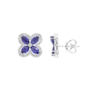 Brinco Floresce Em Ouro Branco Com 8 Safiras Azuis Oval