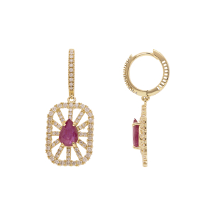 Brinco Argola Em Ouro Amarelo Com 2 Rubis Gota
