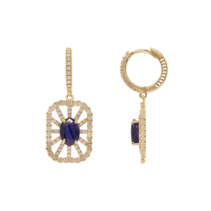 Brinco Argola Quadrada Em Ouro Amarelo Com 2 Safiras Azuis Oval