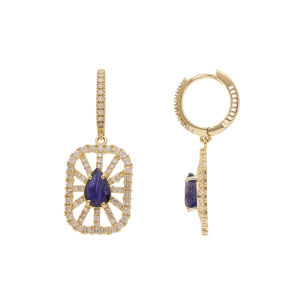 Brinco Argola Quadrada Em Ouro Amarelo Com 2 Safiras Azuis Gota