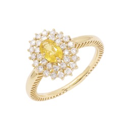 Anel Halo Em Ouro Amarelo Com 1 Safira Amarela Oval