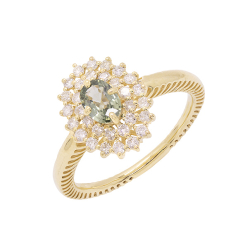 Anel Halo Em Ouro Amarelo Com 1 Safira Verde Oval