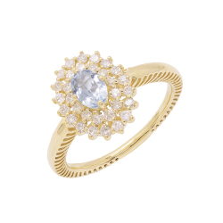 Anel Halo Em Ouro Amarelo Com 1 Água-marinha Oval