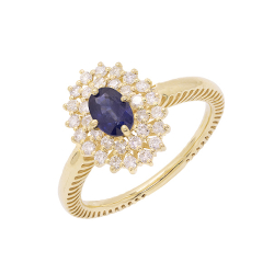 Anel Halo Em Ouro Amarelo Com 1 Safira Azul Oval