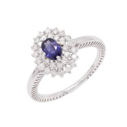 Anel Halo Em Ouro Branco Com 1 Safira Azul Oval