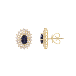 Brinco Halo Em Ouro Amarelo Com 2 Safiras Azuis Oval