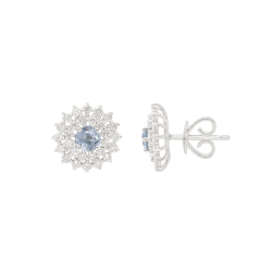 Brinco Halo Em Ouro Branco Com 2 Águas-marinhas Redondo